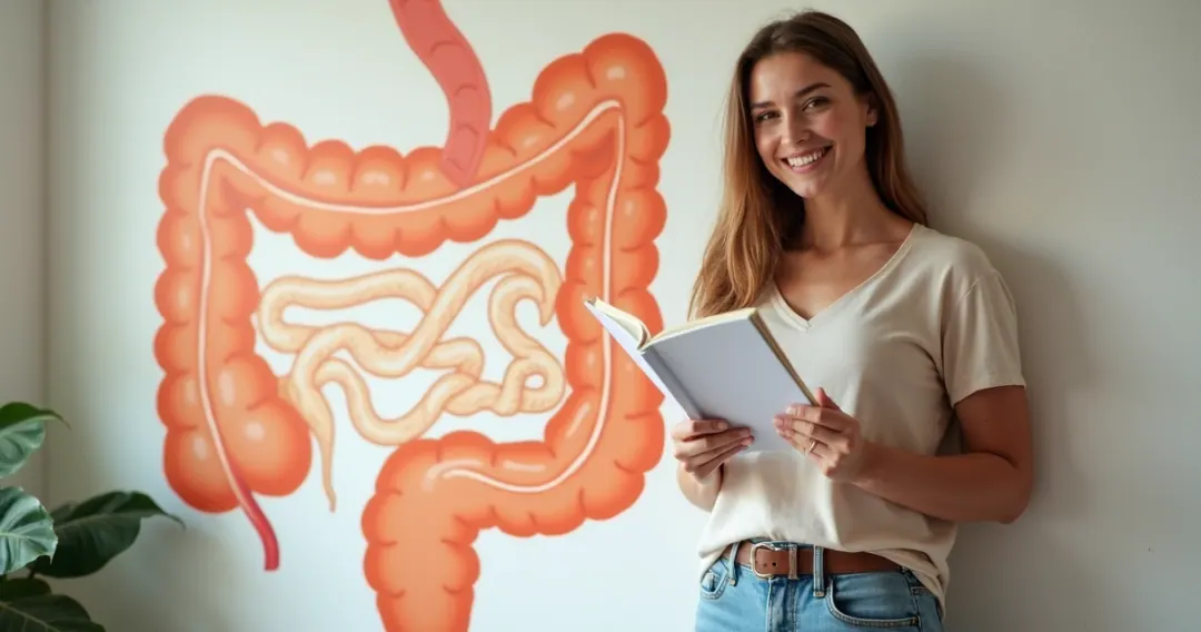 Mulher confiante segurando diário alimentar ao lado de ilustração do intestino