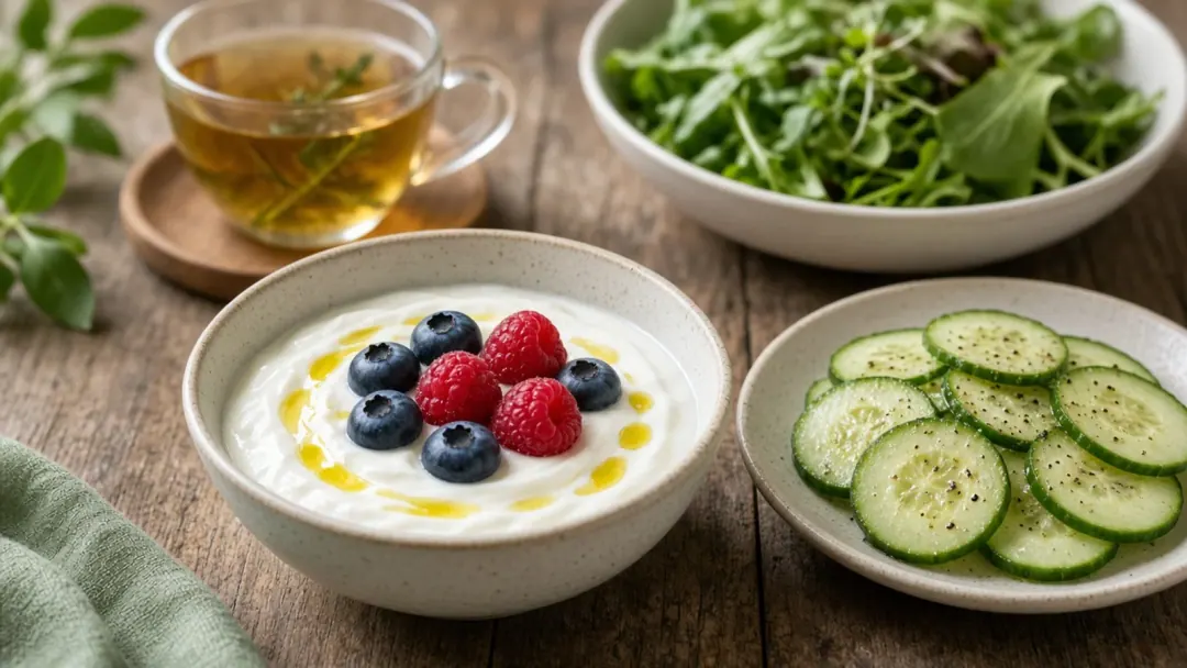 Prato com iogurte natural, frutas vermelhas, folhas e azeite sobre mesa de madeira