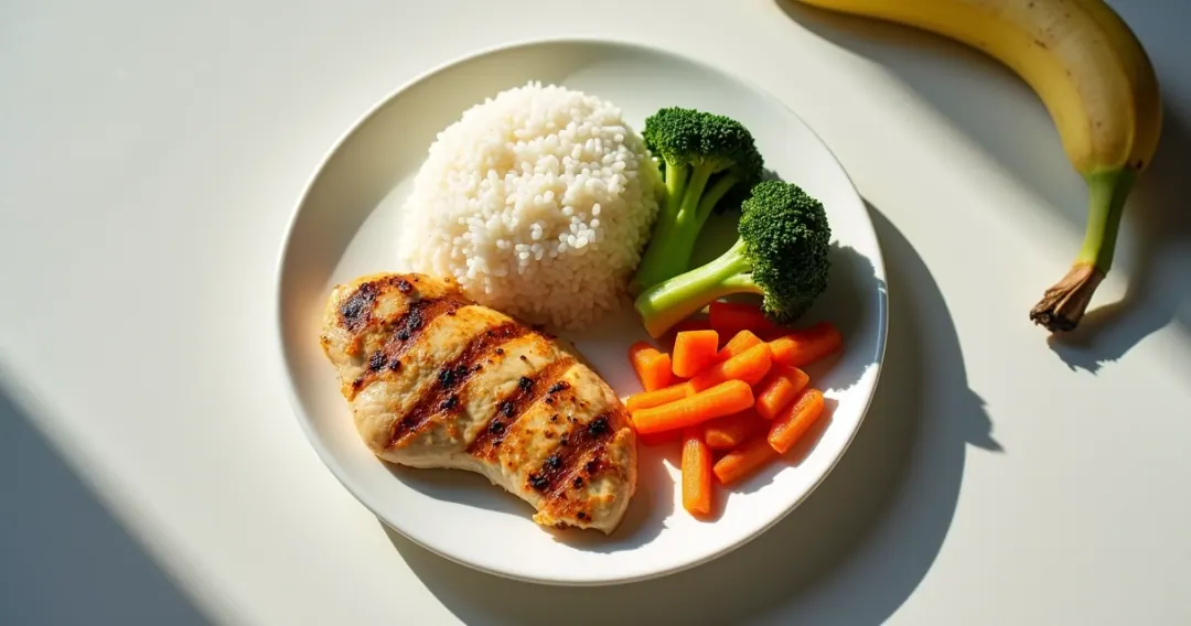 Prato com alimentos leves: arroz, peito de frango, legumes cozidos e banana
