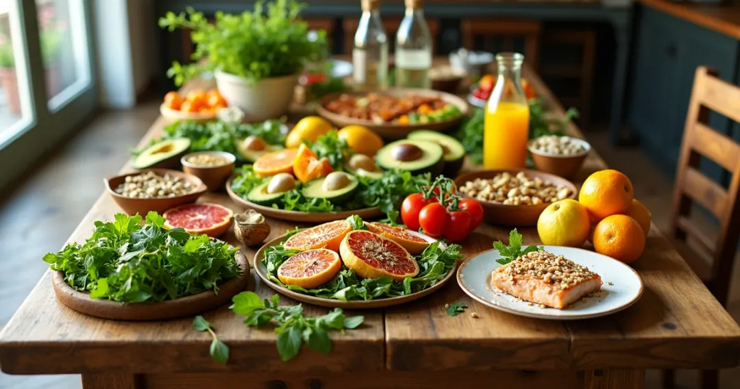Mesa com alimentos saudáveis incluindo frutas, vegetais, sementes e peixes 