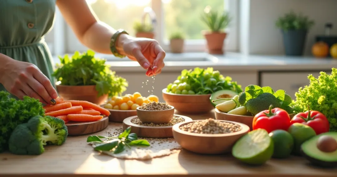Mesa com alimentos anti-inflamatórios, legumes, frutas frescas e sementes em destaque