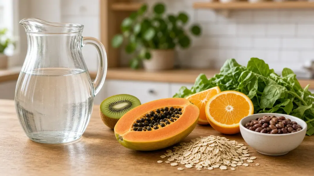 Água, frutas, aveia e feijão em bancada iluminada, opções que costumam apoiar o trânsito intestinal