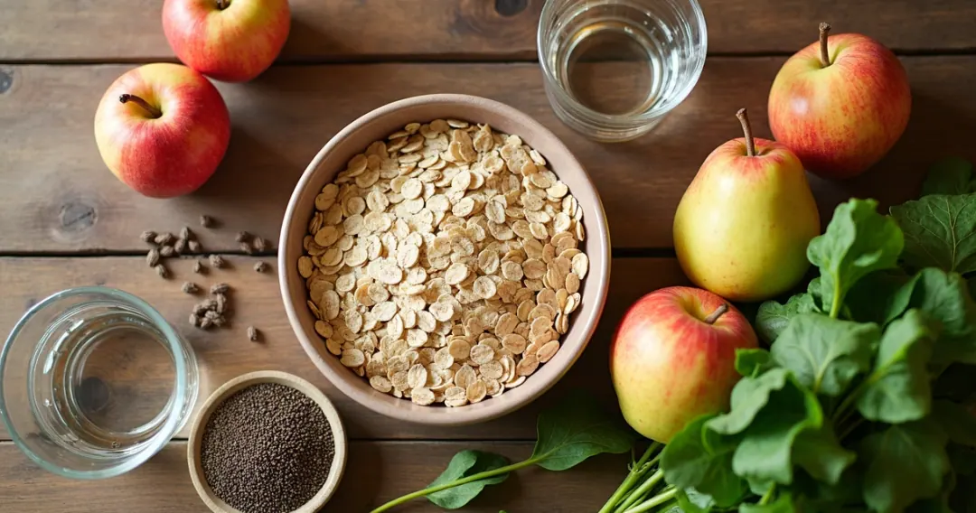 Alimentos fibrosos sobre uma mesa de madeira.