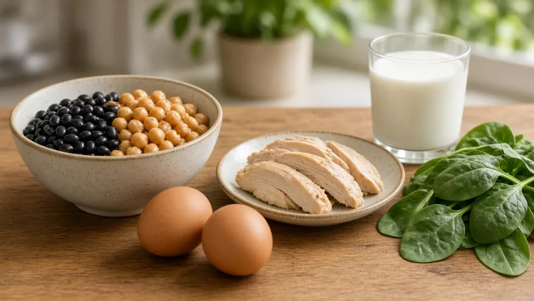 Prato com feijão, ovos, frango, leite e folhas verdes, fontes alimentares de glutamina