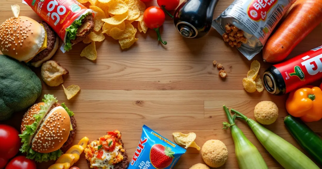 Alimentos ultraprocessados organizados em mesa de madeira clara 