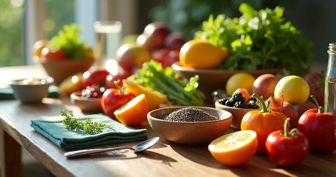 Frutas, vegetais, sementes chia e linhaça dispostos em tigelas na mesa 