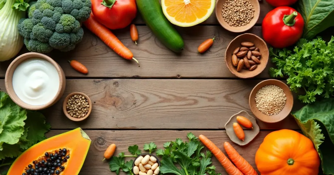 Alimentos naturais variados para saúde intestinal. 