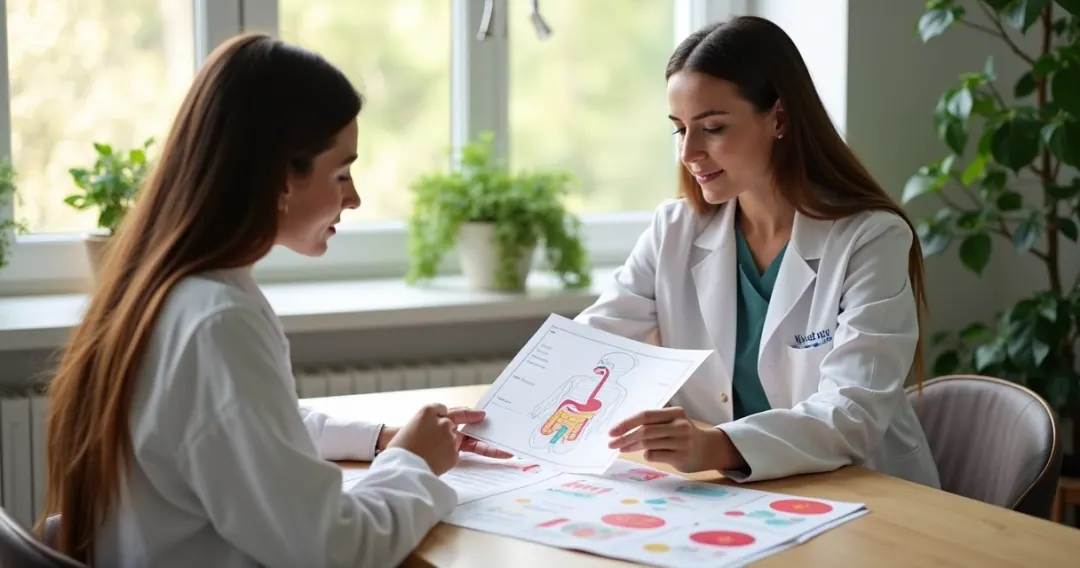 Consulta nutricional com mulher e nutricionista analisando gráficos de saúde intestinal 