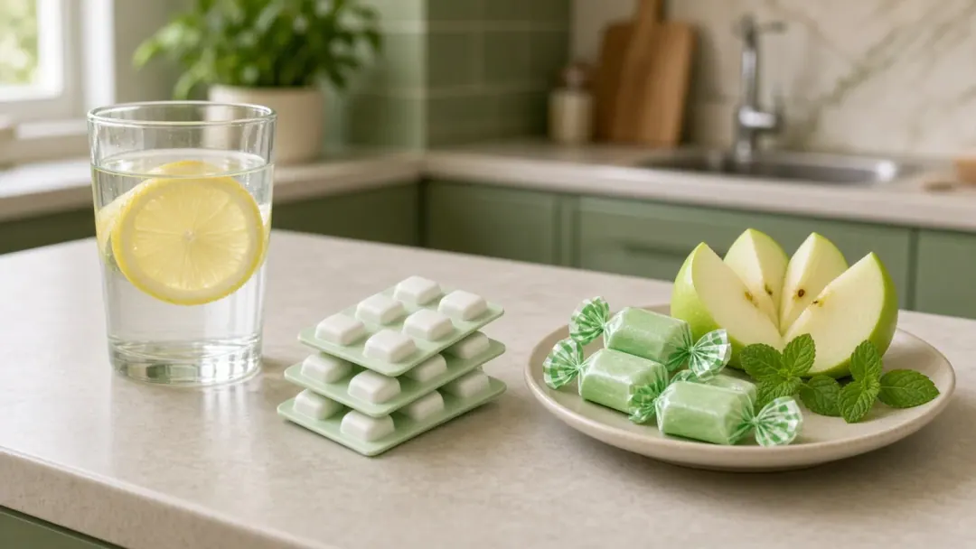 Balas e chicletes sem açúcar ao lado de fruta fresca e água com limão em luz natural