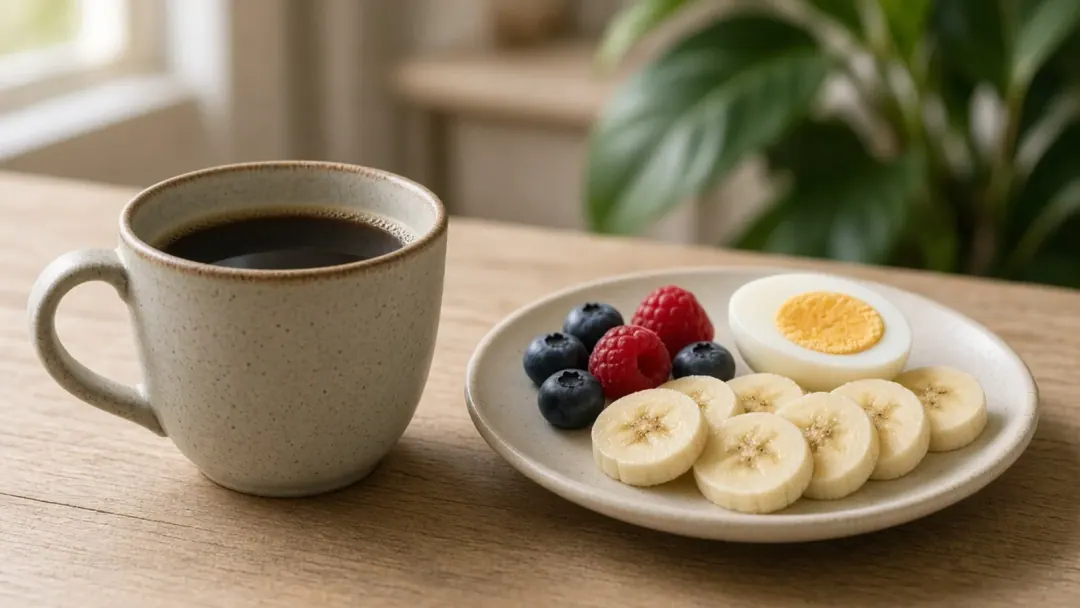 Xícara de café ao lado de café da manhã simples com banana e ovo sob luz natural
