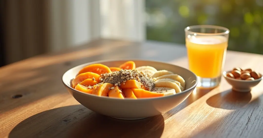 Café da manhã saudável com frutas, sementes e aveia 