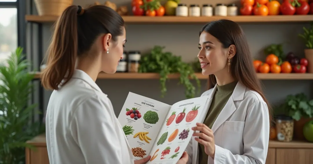 Nutricionista atendendo paciente em consultório com alimentos saudáveis ao fundo
