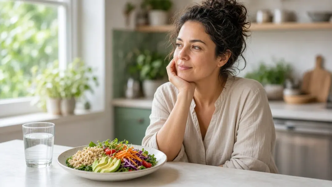 Mulher brasileira à mesa com prato de comida de verdade, tocando o rosto sob luz natural