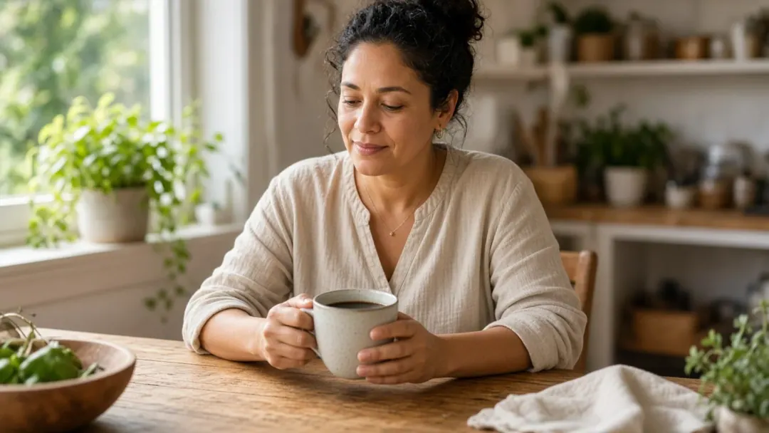 Mulher brasileira à mesa com xícara de café sob luz natural da manhã
