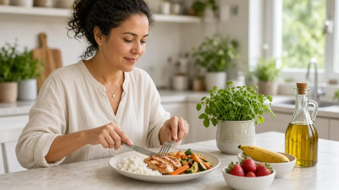 Mulher brasileira montando prato com arroz, frango grelhado, cenoura, abobrinha e frutas low FODMAP em luz natural