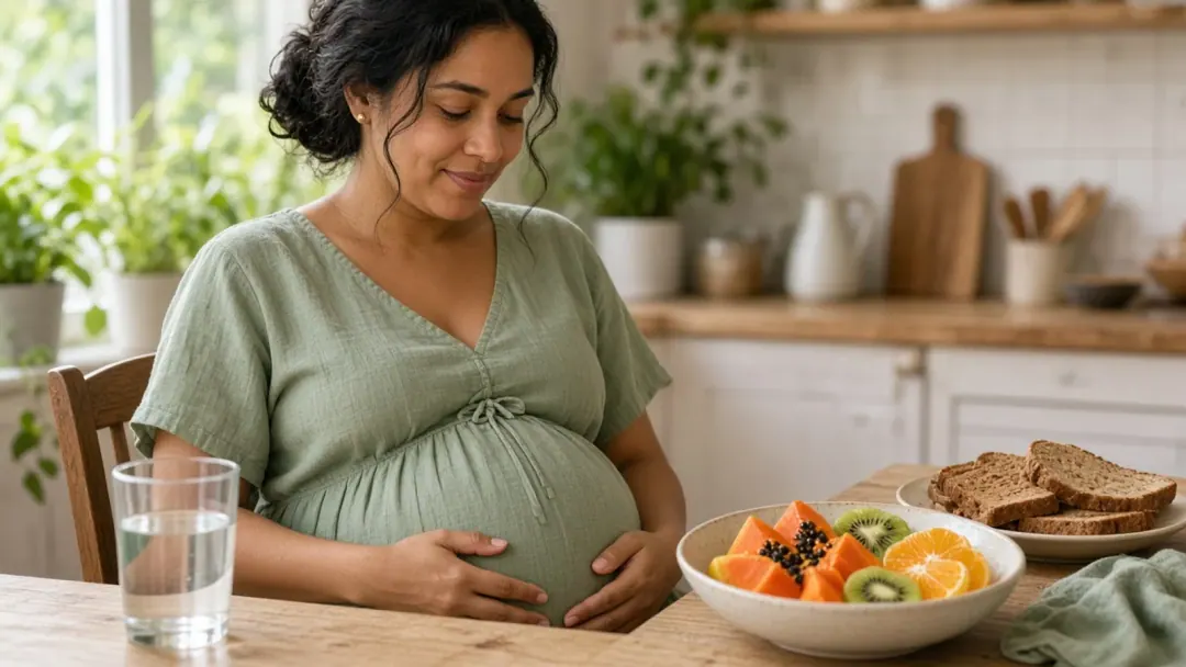 Gestante brasileira à mesa com água e frutas sob luz natural