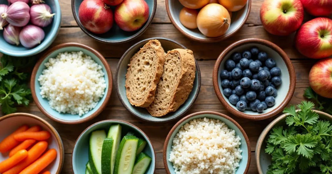 Mesa com variedade de alimentos ricos e pobres em FODMAPs organizados em tigelas de cerâmica sobre fundo de madeira clara
