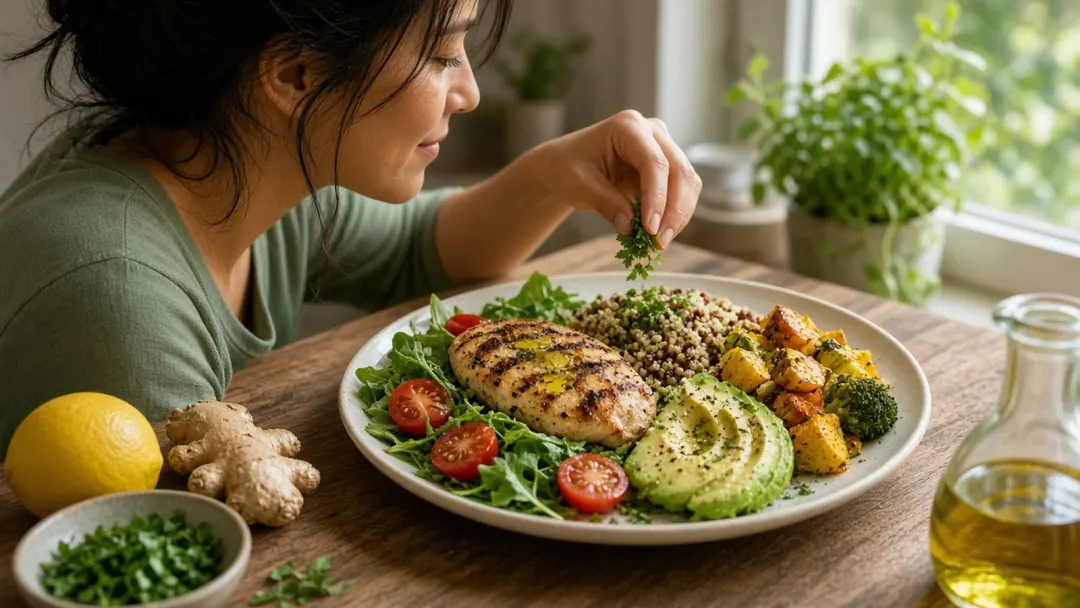 Mulher brasileira à mesa montando prato colorido com peixe, salada, azeite e vegetais em luz natural