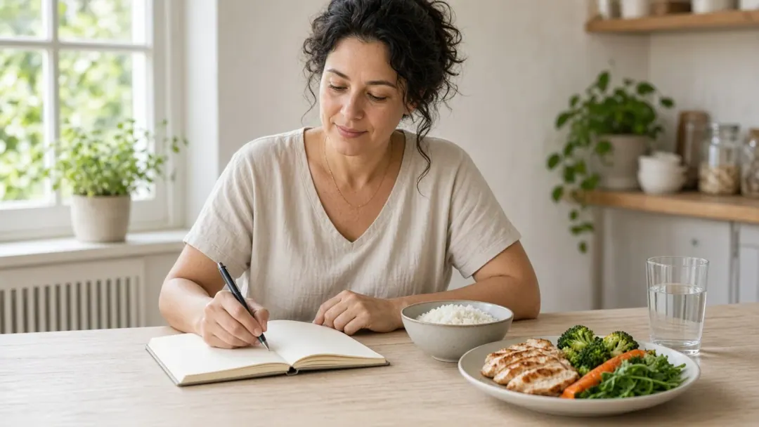 Mulher anotando em um caderno à mesa da cozinha, ao lado de um prato com arroz, frango grelhado, brócolis e folhas