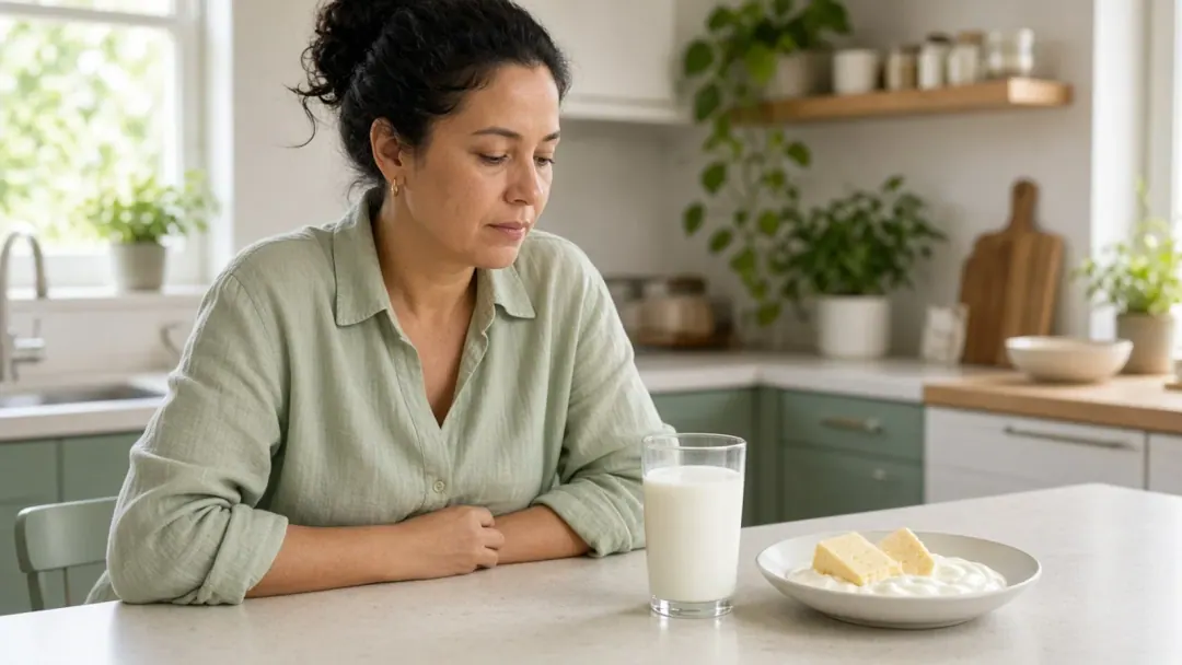 Mulher brasileira à mesa com leite e iogurte, luz natural em cozinha clara