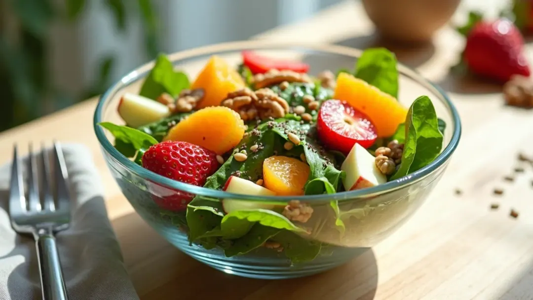 Salada colorida com frutas e legumes ricos em fibras sobre mesa clara, lembrando hábitos que apoiam o intestino