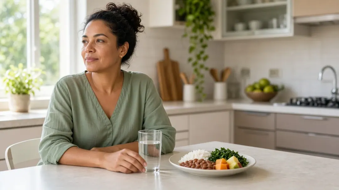 Mulher brasileira adulta em cozinha clara, sentada à mesa com refeição simples e luz natural