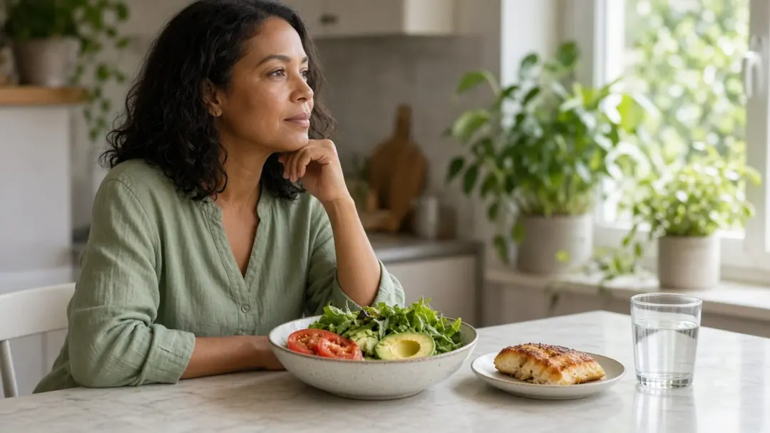 Mulher brasileira à mesa com prato colorido de vegetais e proteína, luz natural