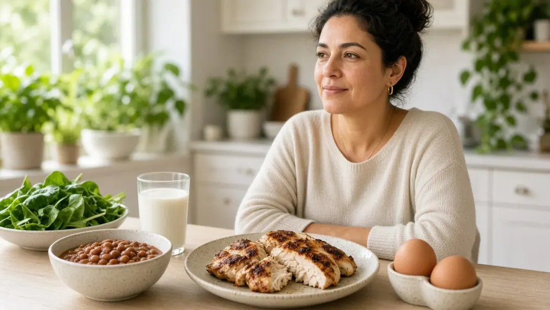 Mulher brasileira à mesa com ovos, feijão, leite e verduras sob luz natural