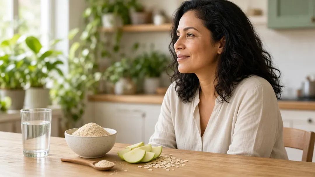 Mulher brasileira à mesa com água e tigela de fibra psyllium em cozinha clara