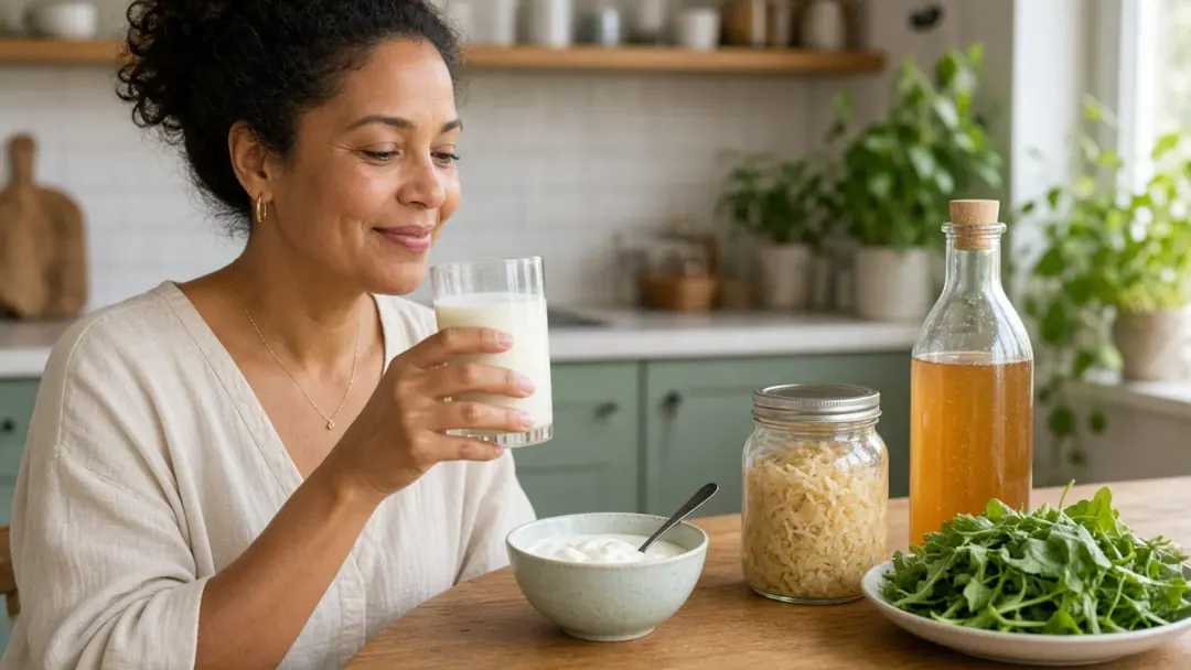 Mulher brasileira à mesa com kefir, iogurte, chucrute e kombucha sob luz natural