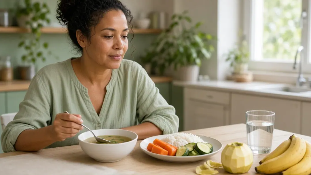 Mulher brasileira à mesa com caldo leve, arroz branco e legumes cozidos sob luz natural