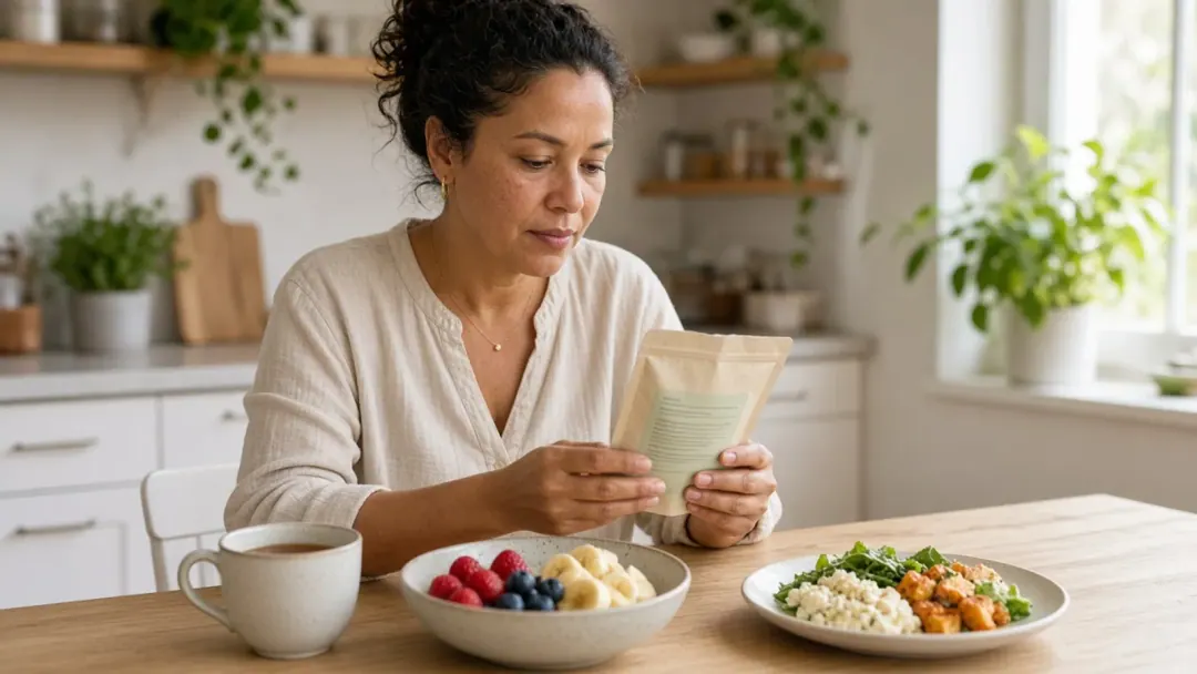 Mulher brasileira à mesa lendo rótulo de alimento com fruta fresca e luz natural