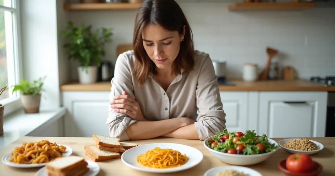 Mulher olhando pensativa para prato com alimentos com e sem glúten sobre a mesa