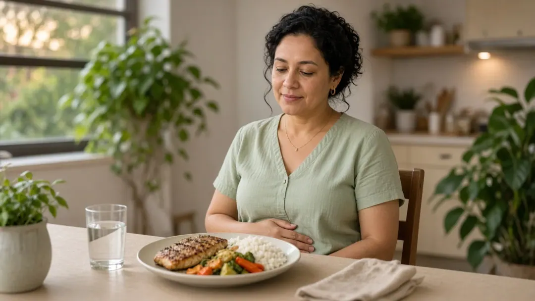 Mulher brasileira em jantar leve à mesa, com prato de comida real e luz suave ao entardecer