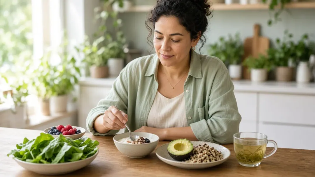 Mulher brasileira à mesa com iogurte, frutas e vegetais em cozinha clara