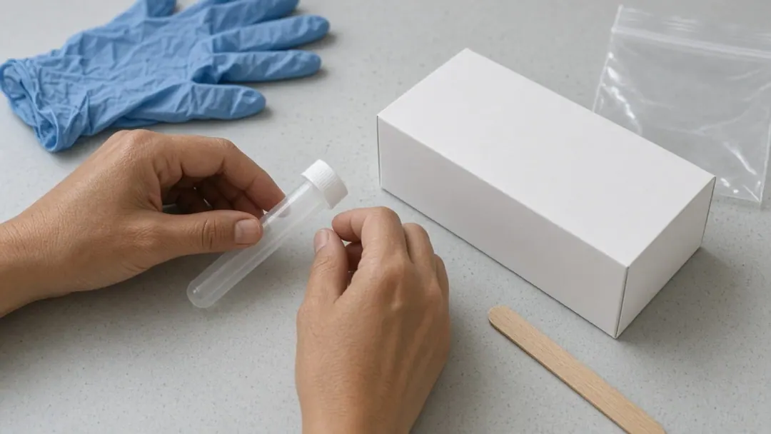 Mãos segurando tubo de coleta genérico sem marca sobre bancada clara de laboratório