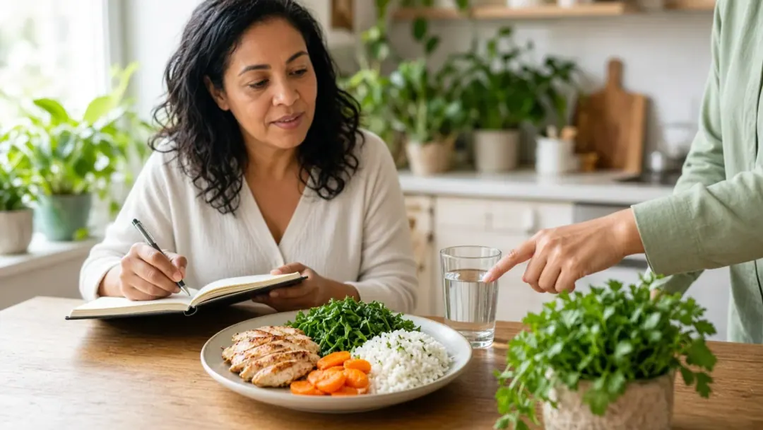 Mulher brasileira em consulta nutricional à mesa, com prato de comida real e caderno de orientações