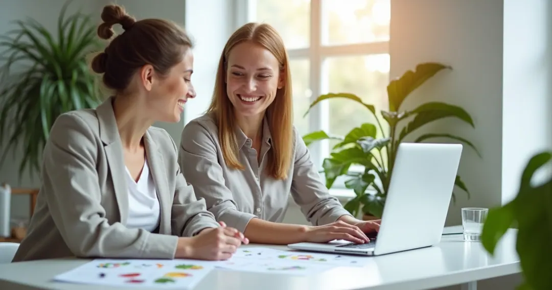 Nutricionista orientando paciente mulher usando notebook em consultório claro 