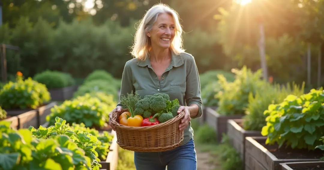 Pessoa sorrindo com cesta de legumes frescos em horta caseira