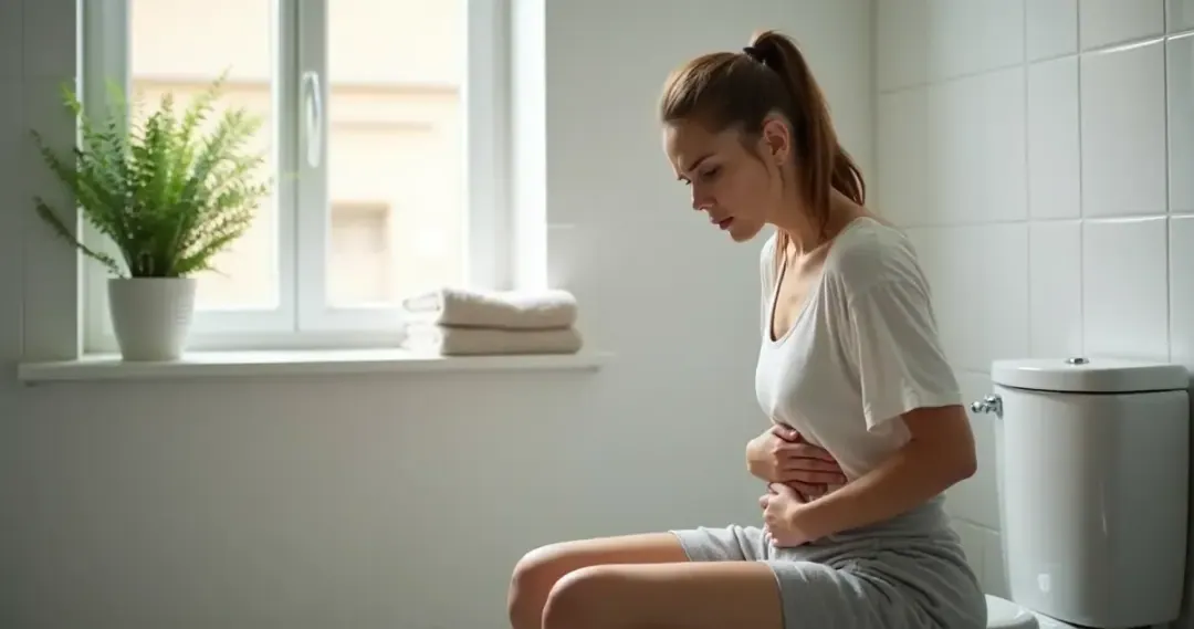 Mulher sentada no banheiro com expressão de preocupação, representando o acompanhamento do hábito intestinal