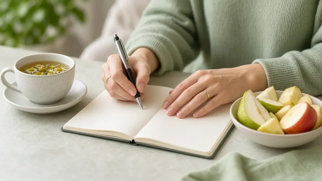 Mulher anotando refeições e sintomas em um caderno, ao lado de um café com chá de camomila e frutas