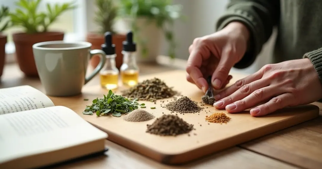 Ervas medicinais sendo preparadas para fitoterapia em tábua de madeira 