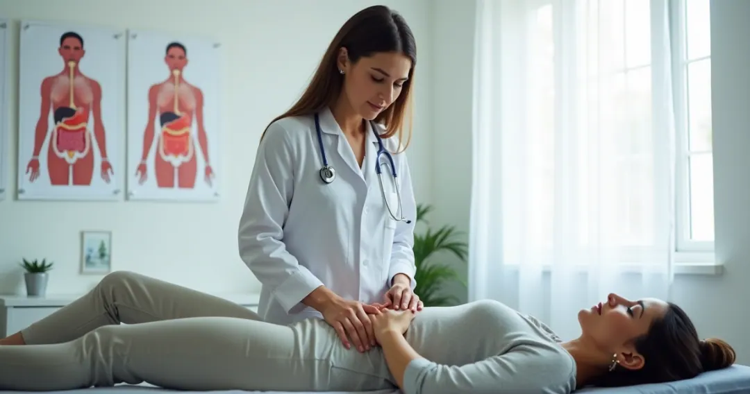 Profissional de saúde examinando abdômen de paciente em consultório 