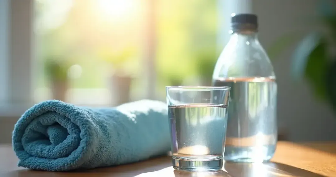 Copo com água e alimentos que apoiam hidratação e equilíbrio intestinal