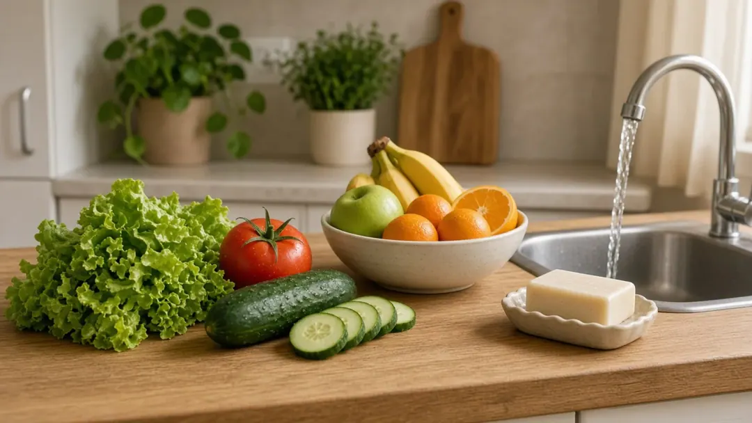 Bancada de cozinha com vegetais lavados, fruta e pia, sugerindo higiene alimentar