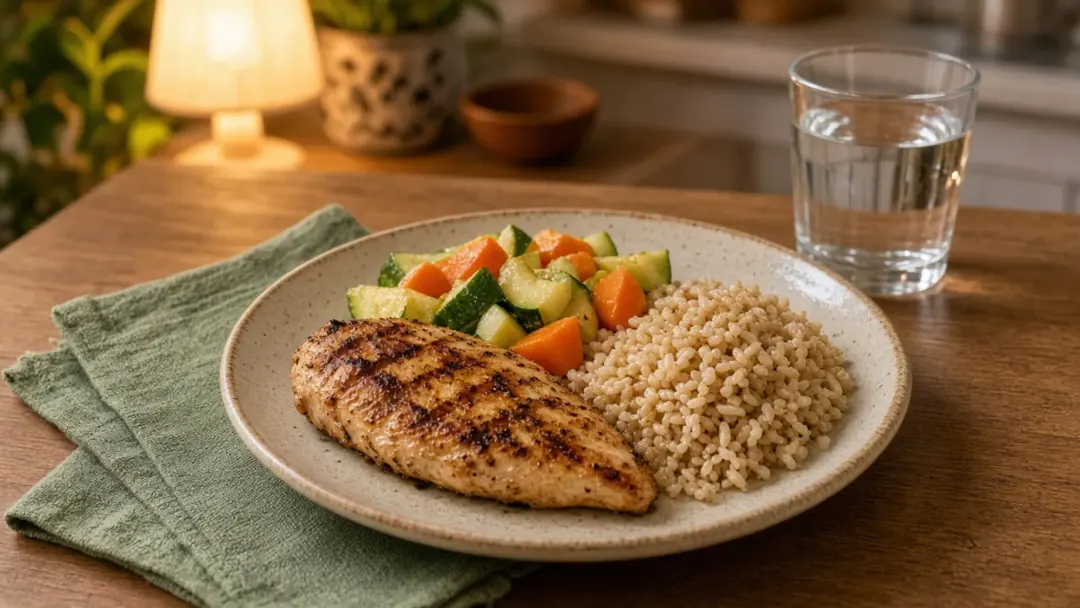Prato leve de jantar com proteína, legumes e arroz em luz suave