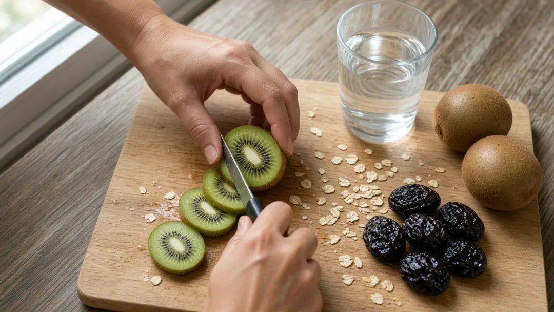 Mãos preparando kiwi e copo de água sobre tábua de madeira na cozinha