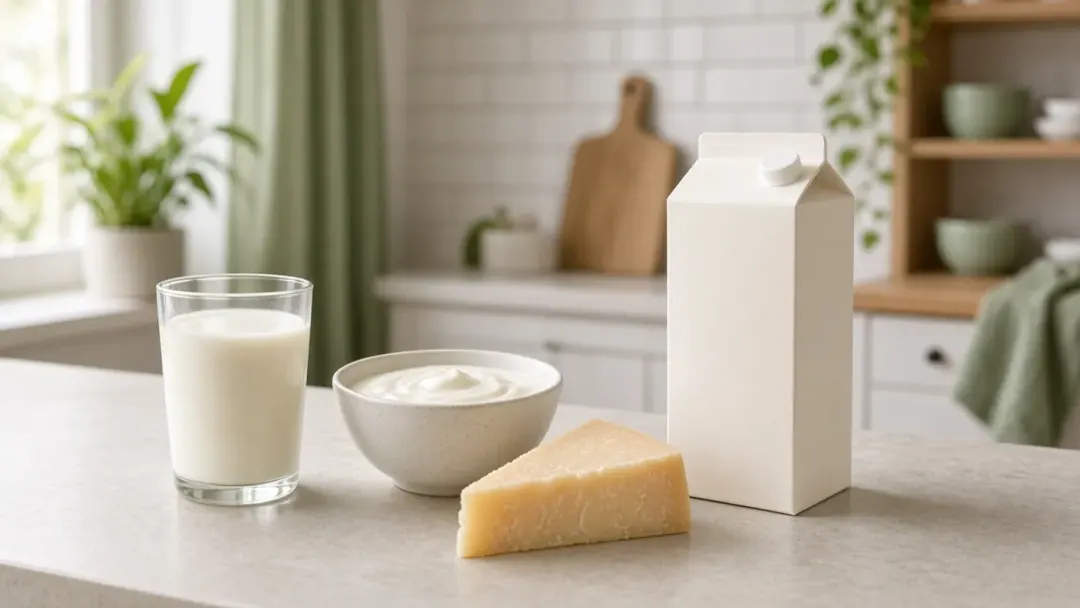 Leite, iogurte e queijo sobre bancada de cozinha clara com luz natural