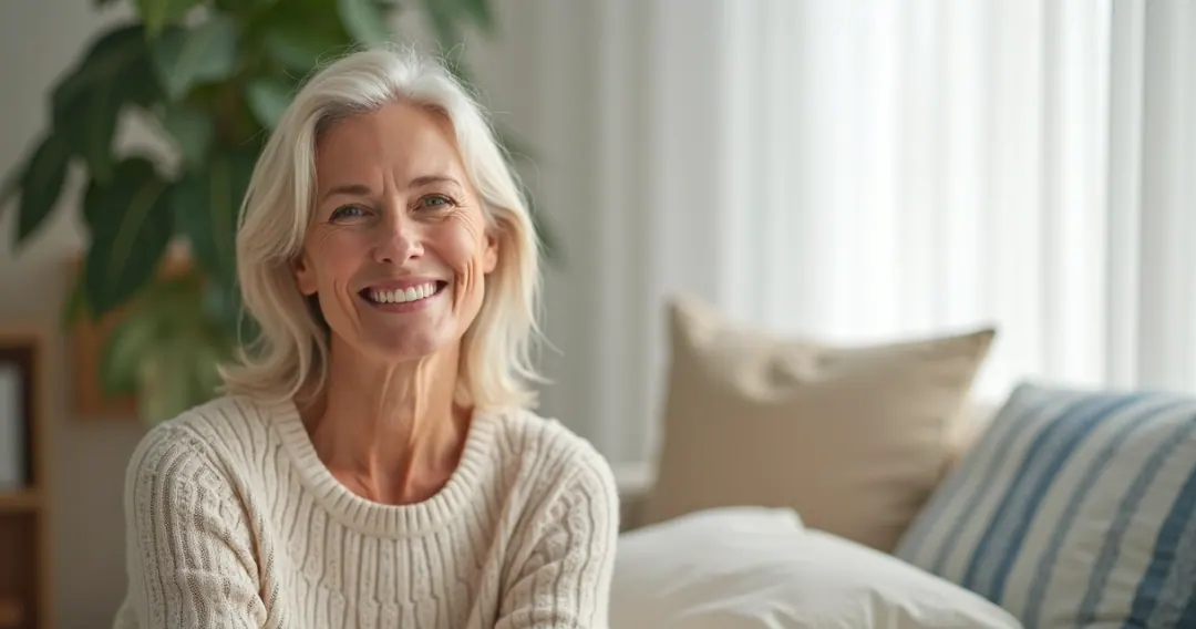 Mulher na menopausa sorrindo em um ambiente calmo