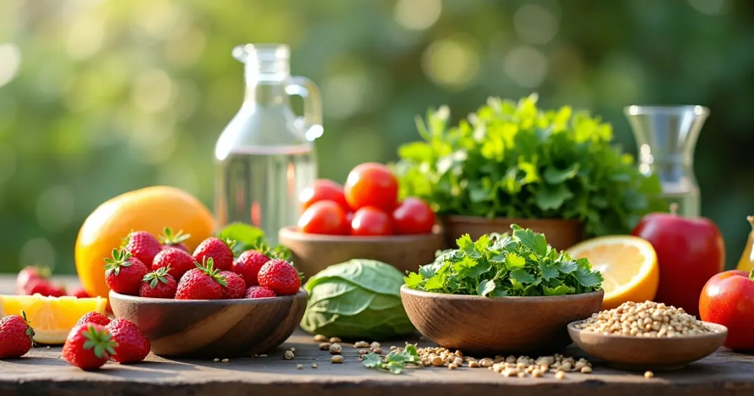 Mesa com alimentos coloridos e saudáveis